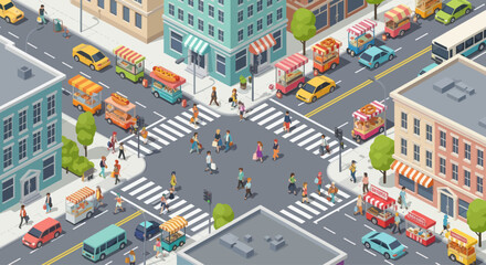 Isometric City Street with Busy Intersection, Pedestrians, and Food Carts © Andry