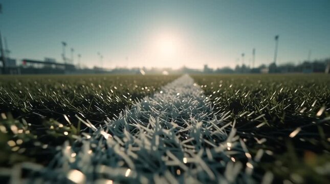 vista baja de l cescep y raya blanca en un estadio deportivo moderno con luz brillante del sol al fondo