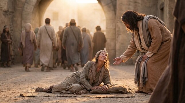 Jesus Christ reaches out his hand to help a woman lying on the ground in an ancient city. Biblical scene of compassion and hope. Religious concept of mercy, miraculous healing and faith.