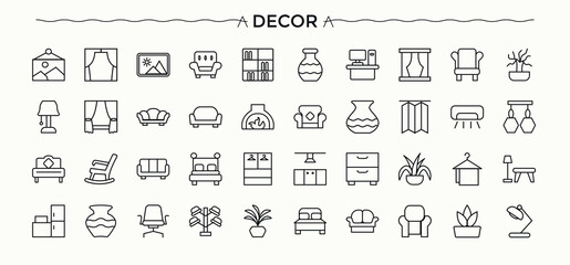 Decor modern icon set. Art and Design modern icon set. Contain linear symbols home, art, interior, room, desing, architecture and more. Vector collections.