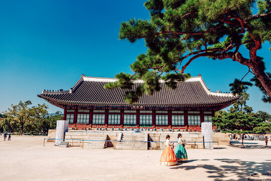 View of vibrant traditional dresses contrasting with the muted tones of an ancient building under the expansive blue sky, Seoul, Seoul, South Korea.