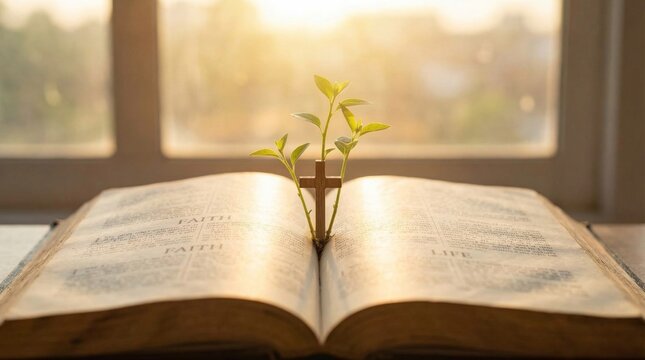 Small wooden cross and green sprout rising from open Bible. Religious growth and rebirth concept. Christian faith, spiritual renewal and resurrection symbolism on holy scripture background.