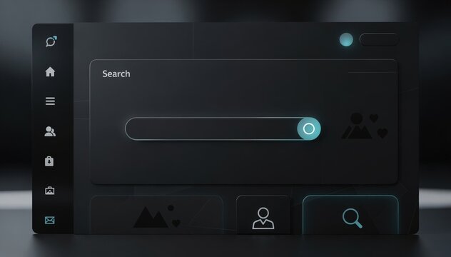 Dark mode corporate web portal homepage in medium view featuring bold navigation icons interactive search widget and modular content blocks with the main layout in clear focus.