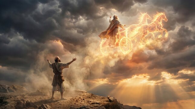 Prophet Elijah ascending to heaven in a fiery chariot with horses of fire. Biblical scene with man watching the miracle. Religious artwork for spiritual faith and divine power.