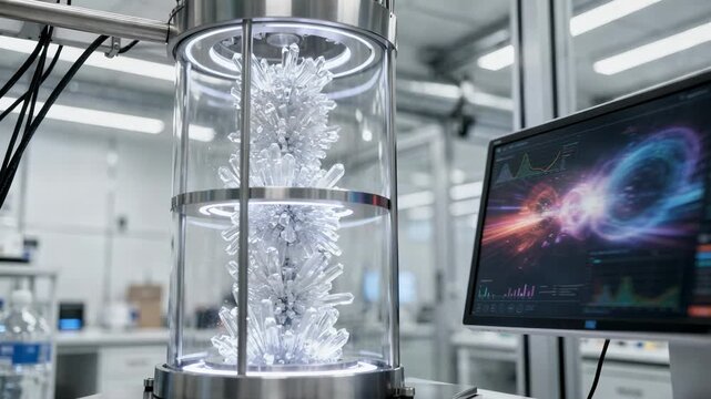Medium shot of AIoptimized crystal growth reactor displaying control screen with dynamic data highlighting smart parameter adjustments for uniform inorganic crystal formation.