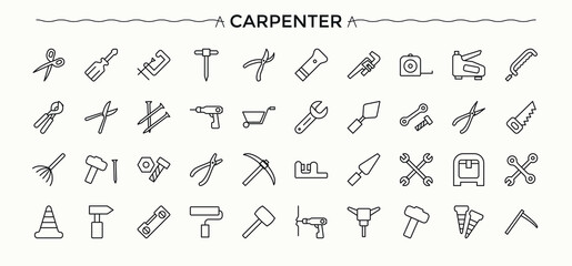 Carpenter Tools vector icon set. Thin icons set. Vector illustration. Handyman icon collection. Featuring tools, carpentry, carpenter, wood craft, handyman and more.