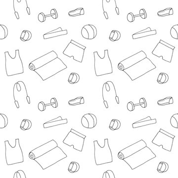 A seamless background pattern featuring scattered hand-drawn icons of fitness gear and workout clothes