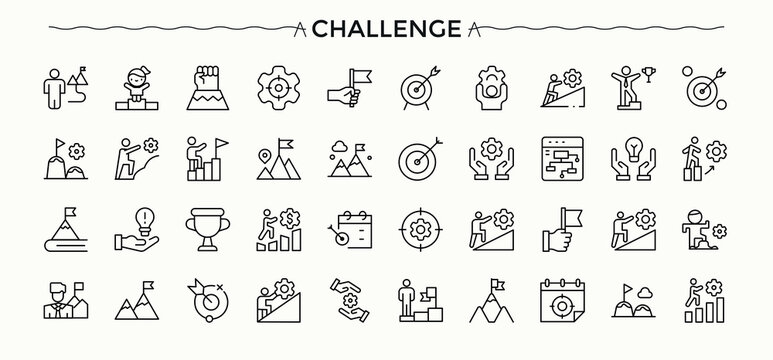 Challenge line icon set. Featuring performance, work, development, achievement and more. Difficulty icon set. Line symbol and sign. Editable vector illustration.