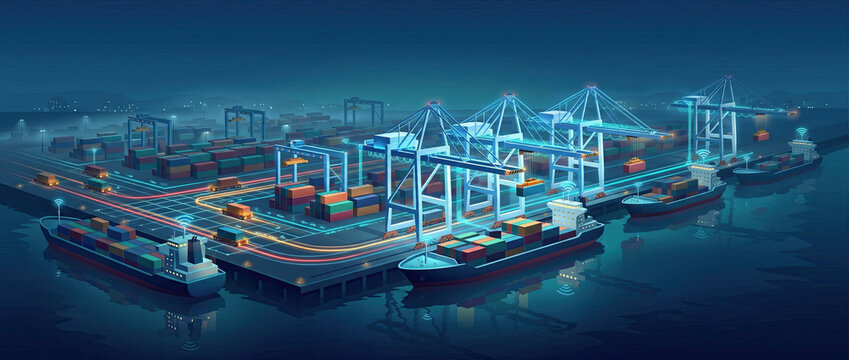 Smart Maritime Logistics Port At Night With Automated Container Handling And Connected Freight Transport Illustration