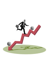 Obraz premium Vertical photo collage of serious man run promotion arrow bankrupt decline recession statistics coin dollar isolated on painted background