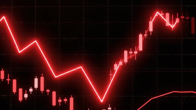 Financial market trend analysis showing fluctuating stock prices with red candlestick chart and line graph on a dark background illustrating market volatility