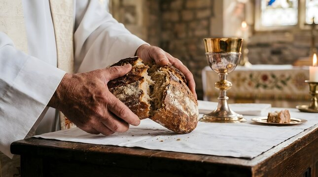 Priest breaking bread on Maundy Thursday in a serene church atmosphere viewed closely