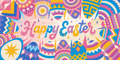 Fototapeta premium A colorful Easter graphic with Happy Easter text and decorated eggs
