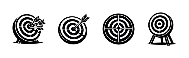 Black and white archery target silhouette vector set with arrow designs