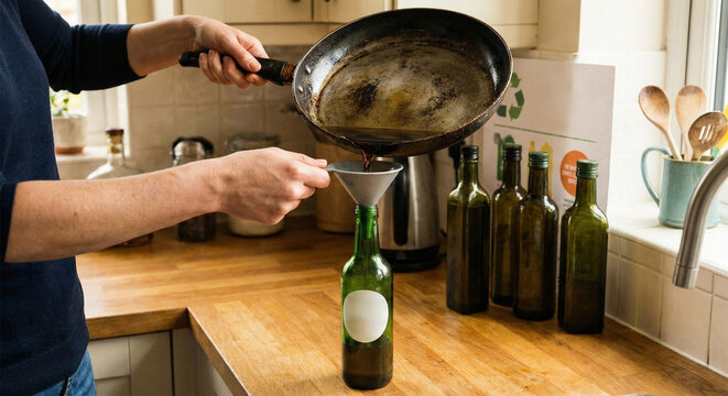 Person pouring used vegetable oil from frying pan into glass bottle through funnel for further recycling at home
