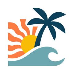 Fototapeta premium Logo agencia de viajes. Vacaciones de verano. Dibujo sencillo con siluetas de un paisaje con la palma, sol y olas de mar