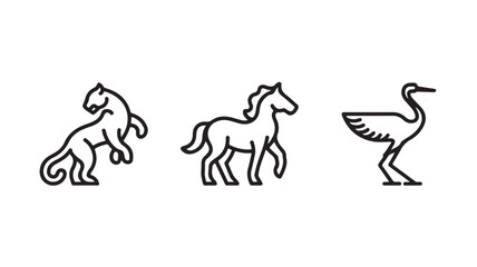 Black Line Art Illustrations Of Lion Horse And Crane On White Background For Animal Design Concepts