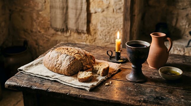 A rustic wooden table setup for Maundy Thursday dinner with bread wine and candle