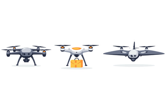 Three different types of drones, including a camera drone, a delivery drone, and a fixed-wing drone
