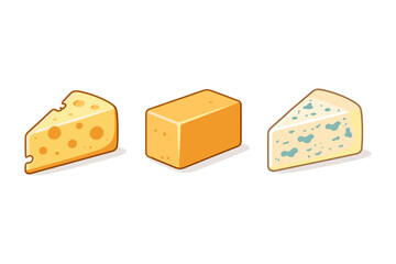 Three different types of cheese slices and blocks on a white background