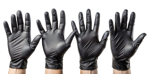 Obraz premium Four hands wearing black latex gloves isolated on a transparent background