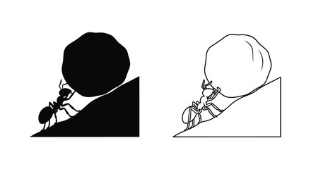 An ant struggles to push a large rock uphill in a black and white illustration © Mama