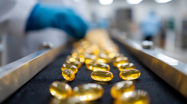 Golden Softgel Capsules Move Along a Conveyor Belt in a Controlled Pharmaceutical or Nutraceutical Manufacturing Facility