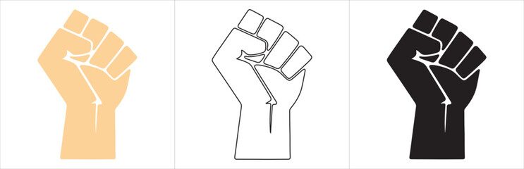 Fototapeta premium Raised clenched fist silhouettes in three graphic styles symbolizing solidarity resistance activism and collective strength