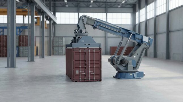 Industrial Robotic Arm Handling Shipping Container Inside Automated Logistics Warehouse Facility