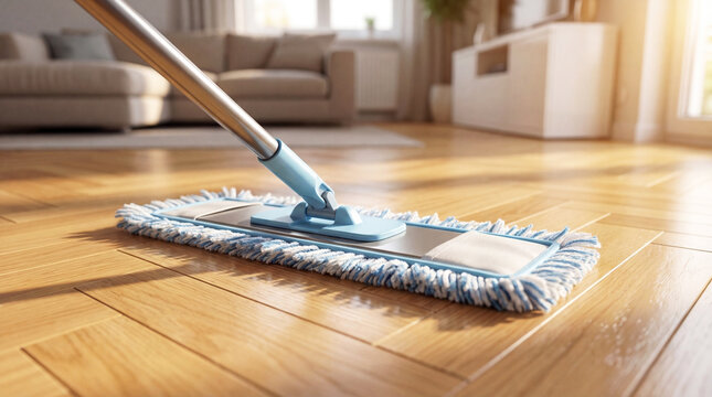 Close-up of a modern microfiber mop cleaning a wooden floor in a bright living room with warm sunlight. Household cleaning equipment and home hygiene concept.