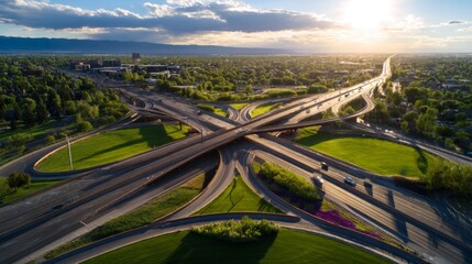 Aerial View of Cloverleaf Intersection with Scenic Daylight and Green Landscape
