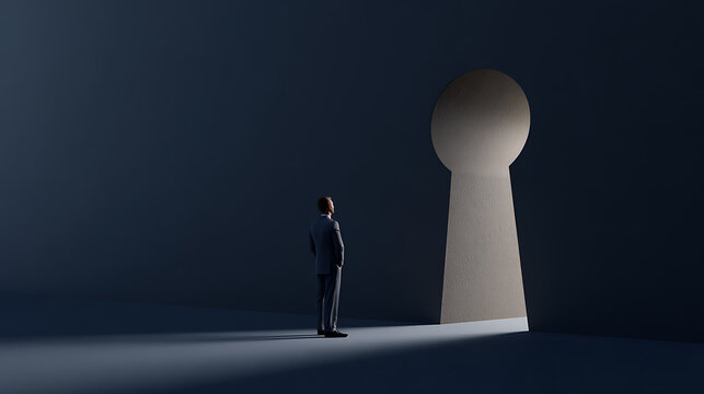 Man looks at keyhole shape opening, light beyond. Concept of discovery, challenges, and new possibilities in a mysterious, uncertain world