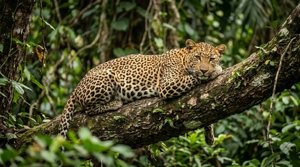 portrait of a wild leopard resting on a tree branch in a lush tropical jungle