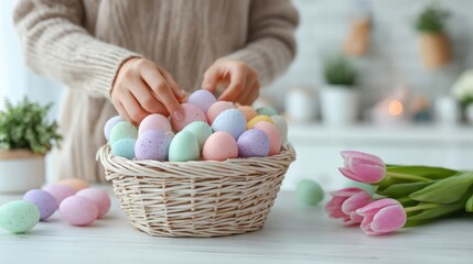 Hands arranging pastel Easter eggs in a wicker basket with pink tulips on a table