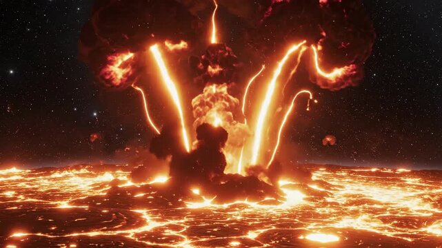 Massive Nuclear Explosion Over Cityscape At Night With Stars Background