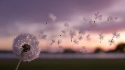 Delicate dandelion seeds drifting on the wind during a beautiful purple and pink sunset.