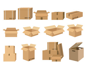 Fototapeta premium Carton set of recycling cardboard delivery boxes or postal parcel packaging. Carton delivery packaging open and closed box with fragile signs