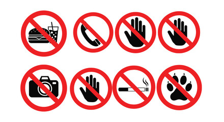 Comprehensive vector graphic illustration presenting a diverse set of prohibition and warning signs for various restrictions.