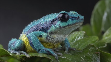 Obraz premium Vibrantly Colored Frog with Blue and Green Markings Clinging to a Wet Leaf