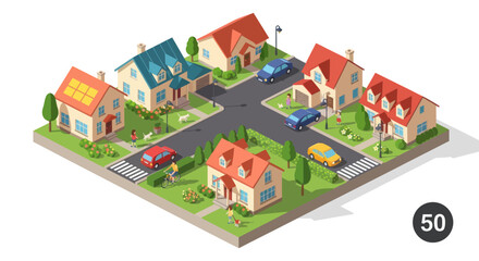 Fototapeta premium Isometric suburban neighborhood with houses, cars, and people on a white background