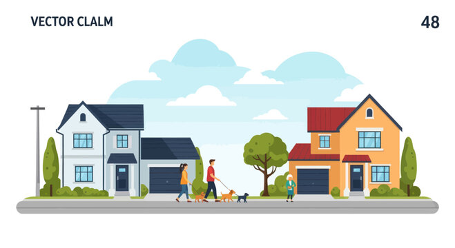 Suburban street scene with families walking dogs past houses and trees