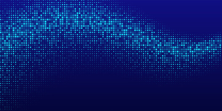Digital data wave background. Blue square pixel halftone wave with dynamic motion effect. Futuristic technology banner, poster, backdrop. Modern abstract technology vector illustration.