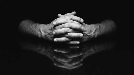 clasped hands reflected on dark surface in black and white