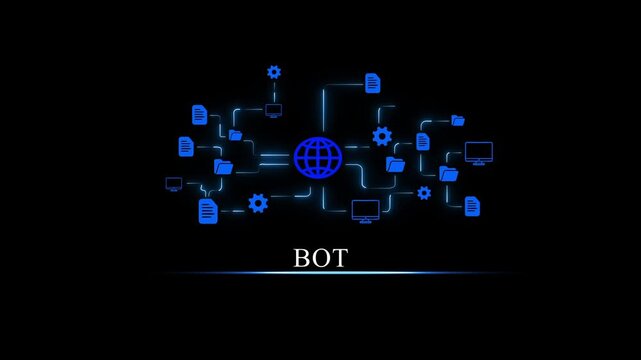 Digital Network Bot Connecting Global Systems with Blue Glowing and Data Flow Animation global connection