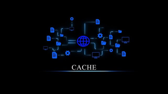 Glowing digital network with interconnected and cache symbol on dark background interconnected cache symbol