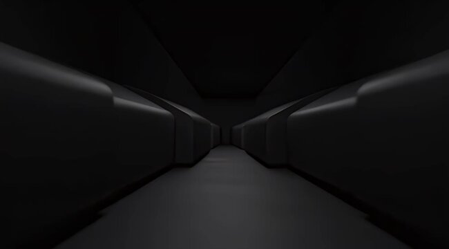 A dark, futuristic tunnel with smooth, curved walls, converging inward