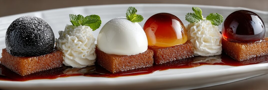Gourmet dessert plate combining castella cake slices, whipped cream, a glossy jelly shaped like an egg, and a dark sweet ball.