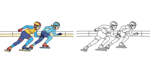 Two speed skaters racing on ice winter sport vector illustration with black and white coloring page outline version
