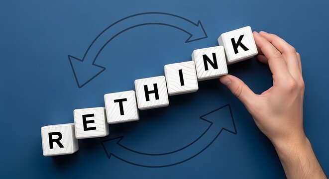 A Professional hand adjusting wooden blocks to spell 'rethink' with a circular arrow, symbolizing business innovation and strategic planning in a clean, modern setting.