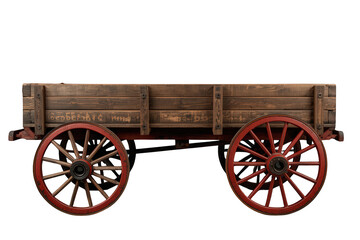 Fototapeta premium Wooden wagon with red wheels, rustic cart, antique transportation, vintage farm equipment, transparent background